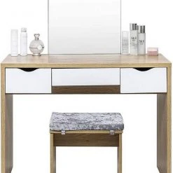 EUGAD Schminktisch, mit Hocker einem große Spiegel und 3 großen Schubladen Weiß-Eiche Eiche-Wei&szlig;, Wei&szlig;, Wei&szlig;-Eiche -TischStuhl Verkäufe 00d57ca8 bd25 5d83 89b3 38c3bf743415