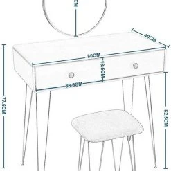 EUGAD Schminktisch (1-St), Frisiertisch Kosmetiktisch mit rundem Spiegel und 2 Schubladen für Schlafzimmer aus MDF und Massivholz, Goldenfußgestell, Weiß+Golden -TischStuhl Verkäufe 044e0de4 873f 468a 9b90 4caf84a5a862