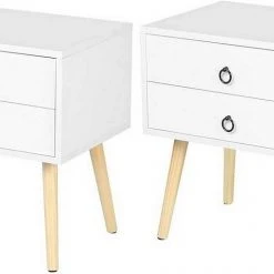 EUGAD Nachttisch, 2er-Set Beistelltisch mit 2 Schubladen Nachtkommode Nachtschrank Holzbeine MDF 46x35x50cm Weiß Grau, Weiß
