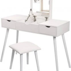 EUGAD Schminktisch, mit Aufklappbarem Spiegel, Schreibtisch mit 2 Schubladen, 100x40x75cm(L*B*H), Kosmetiktisch Computertisch mit große Tischplatte Eiche Wei&szlig; -TischStuhl Verkäufe 1af38af9 296b 5ad7 9774 335457879c11