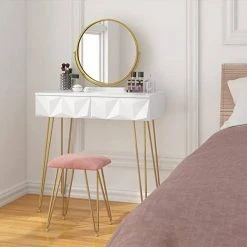 EUGAD Schminktisch (1-St), Frisiertisch mit Hocker und Spiegel, 360° schwenkbar Schminkspiegel, Kosmetiktisch mit 2 Schubladen, gepolsterte Samthocker, 3D Effekt Schublade, Weiß und golden -TischStuhl Verkäufe 1b3eacdc 6261 4972 b56a 7c4a21d481f0