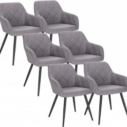 EUGAD Esszimmerstuhl (6 Stück), Wohnzimmerstuhl aus Leinen Polsterstuhl mit Armlehnen und Rückenlehne schwarze Gestell aus Metall Hellgrau Dunkelgrau