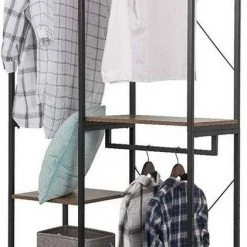 EUGAD Kleiderständer, Garderobenständer mit 7 Ablagen Schwarz-Vintage Schwarz-Hell Eiche