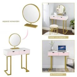 EUGAD Schminktisch (1-St), Schminktisch Frisiertisch Kommode mit Spiegel modern Kosmetiktisch mit 3 Schubladen Weiß-Rosa-Golden -TischStuhl Verkäufe 4281697b 2b45 4330 895a 02cc5325afb3
