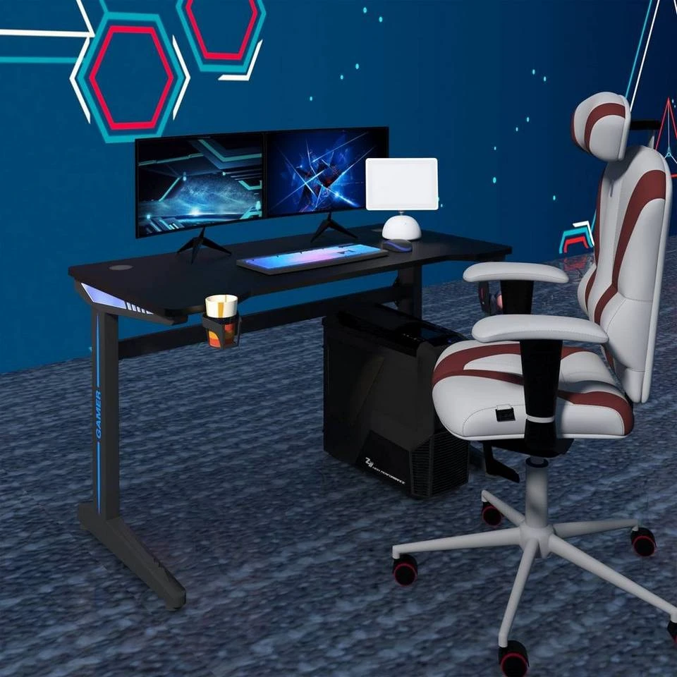 EUGAD Gamingtisch, Gaming Tisch mit LED 120x60cm Ergonomischer Schwarz Computertisch Schreibtisch PC Tisch mit Kabelmanagement Becherhalter Kopfhörerhalterung 2 EUGAD Gamingtisch, Gaming Tisch mit LED 120x60cm Ergonomischer Schwarz Computertisch Schreibtisch PC Tisch mit Kabelmanagement Becherhalter Kopfhörerhalterung – Bild 2