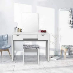 EUGAD Schminktisch, mit Hocker einem große Spiegel und 3 großen Schubladen Weiß-Eiche Eiche-Wei&szlig;, Wei&szlig;, Wei&szlig;-Eiche -TischStuhl Verkäufe 46821c3d cf53 5755 a3fe 732b1553e809