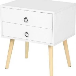 EUGAD Nachttisch, Beistelltisch mit 2 Schubladen Nachtkommode Nachtschrank Holzbeine MDF 46x35x50cm Weiß Grau, Weiß