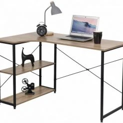 EUGAD Schreibtisch, Computertisch Büromöbel Couchtisch mit Ablage Holz Stahl Schwarz+Beigebraun Industrie-design