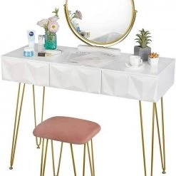 EUGAD Schminktisch (1-St), Frisiertisch mit Hocker und Spiegel, 360° schwenkbar Schminkspiegel, Kosmetiktisch mit 2 Schubladen, gepolsterte Samthocker, 3D Effekt Schublade, Weiß und golden -TischStuhl Verkäufe 57c5bdf8 3194 5e92 b87d 1ee9c09a616b