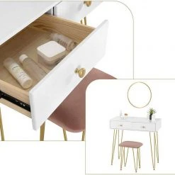 EUGAD Schminktisch (1-St), Frisiertisch Kosmetiktisch mit rundem Spiegel und 2 Schubladen für Schlafzimmer aus MDF und Massivholz, Goldenfußgestell, Weiß+Golden -TischStuhl Verkäufe 68c2ba6a ae63 5cae 9f6a 625c5ad0e881