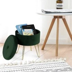 EUGAD Sitzhocker, Samthocker mit Stauraum, rund, mit stabilen goldenen Metallfüßen, Türkis Dunkelgrau, Dunkelgrün, Hellgrau, Rosa, Türkis -TischStuhl Verkäufe 6b72cd93 5512 534e ae06 ab37c988a040