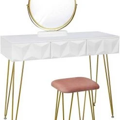 EUGAD Schminktisch (1-St), Frisiertisch mit Hocker und Spiegel, 360° schwenkbar Schminkspiegel, Kosmetiktisch mit 2 Schubladen, gepolsterte Samthocker, 3D Effekt Schublade, Weiß und golden -TischStuhl Verkäufe 6e8f4395 4b1e 5307 9dbe c2d7b0f26ef2