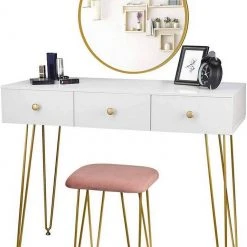 EUGAD Schminktisch, Kosmetiktisch mit 3 Schubladen, Frisiertisch aus MDF und Massivholz, 100x40x79cm, Weiß-Golden -TischStuhl Verkäufe 770ba05c bff2 594e 9ce7 2220a0539691