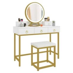 EUGAD Schminktisch (1-St), Schminktisch mit LED-Beleuchtung in 3 Farben, Kosmetiktisch mit Spiegel und Hocker, 5 Schubladen, 100x40x140cm, Modern Kosmetiktisch Weiß Schwarz, Wei&szlig; -TischStuhl Verkäufe 77f5d751 dae8 4828 8bc5 5ae569dc4f15