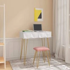 EUGAD Schminktisch (1-St), Frisiertisch mit Hocker und Spiegel, 360° schwenkbar Schminkspiegel, Kosmetiktisch mit 2 Schubladen, gepolsterte Samthocker, 3D Effekt Schublade, Weiß und golden -TischStuhl Verkäufe 78b87c4b 3882 4e5a aa35 b4cfee3e2b55
