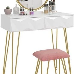 EUGAD Schminktisch (1-St), Frisiertisch mit Hocker und Spiegel, 360° schwenkbar Schminkspiegel, Kosmetiktisch mit 2 Schubladen, gepolsterte Samthocker, 3D Effekt Schublade, Weiß und golden -TischStuhl Verkäufe 81e6e719 307e 4f03 ace9 f8322e179f99