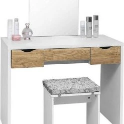 EUGAD Schminktisch, mit Hocker einem große Spiegel und 3 großen Schubladen Weiß-Eiche Eiche-Wei&szlig;, Wei&szlig;, Wei&szlig;-Eiche -TischStuhl Verkäufe 83c5d34a bef1 52d3 97de d416f8c48876