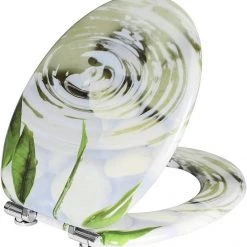 EUGAD WC-Sitz (1-St), Toilettensitz, WC Sitz mit Absenkautomatik, MDF, Holz, Softclose Scharnier Grüne Blätter, Holzfarbe, Lilie, Seestern, Seestern Am Strand, Seestern Sonnenuntergang, Stone, ‎Lila Blume und Stones