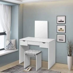 EUGAD Schminktisch, mit Hocker einem große Spiegel und 3 großen Schubladen Weiß-Eiche Eiche-Wei&szlig;, Wei&szlig;, Wei&szlig;-Eiche -TischStuhl Verkäufe 897883de b2c0 5398 a13d 6e79d7f57532