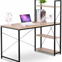 EUGAD Schreibtisch, Bürotisch mit Ablage Holz Stahl 120x64x120cm (BxTxH) Hell Eiche+schwarz Dunkel Buche-Schwarz, Hell Eiche-Schwarz, Hell Eiche-Wei&szlig;