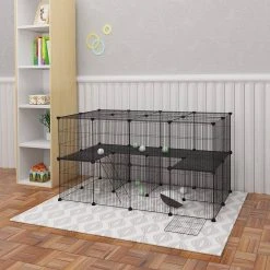 EUGAD Freigehege, Freigehege Kaninchen mit Stauraum Hasen Meerschweinchen Welpenauslauf Laufgitter mit Tür&Treppe DIY Schwarz 41 Platten (35x35cm/Platte) 105 x 70 x 70 cm