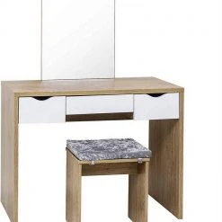 EUGAD Schminktisch, mit Hocker einem große Spiegel und 3 großen Schubladen Weiß-Eiche Eiche-Wei&szlig;, Wei&szlig;, Wei&szlig;-Eiche -TischStuhl Verkäufe 98eb3578 9d59 5ebf a5f8 6b0af390138e