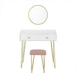 EUGAD Schminktisch (1-St), Frisiertisch Kosmetiktisch mit rundem Spiegel und 2 Schubladen für Schlafzimmer aus MDF und Massivholz, Goldenfußgestell, Weiß+Golden -TischStuhl Verkäufe a2573c8d 38dd 5d7e 8146 7976513e27df