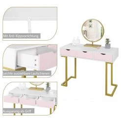 EUGAD Schminktisch (1-St), Schminktisch Frisiertisch Kommode mit Spiegel modern Kosmetiktisch mit 3 Schubladen Weiß-Rosa-Golden -TischStuhl Verkäufe a6313809 1abb 4848 8775 3297f9e86899