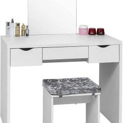 EUGAD Schminktisch, mit Hocker einem große Spiegel und 3 großen Schubladen Weiß-Eiche Eiche-Wei&szlig;, Wei&szlig;, Wei&szlig;-Eiche -TischStuhl Verkäufe a97b0a94 94d6 5f19 919b 773171868b33