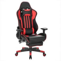EUGAD Gaming-Stuhl (1 Stück), Racing Stuhl mit Fußstütze Racing Stuhl Drehstuhl Bürostuhl Schreibtischstuhl PC Stuhl mit Wippfunktion Höhenverstellbar Kunstleder Rot Grau, Weiß
