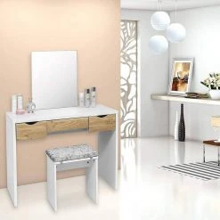 EUGAD Schminktisch, mit Hocker einem große Spiegel und 3 großen Schubladen Weiß-Eiche Eiche-Wei&szlig;, Wei&szlig;, Wei&szlig;-Eiche -TischStuhl Verkäufe bb74bb19 1789 5b90 8ea0 f708b9df9cf6