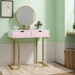 EUGAD Schminktisch (1-St), Schminktisch Frisiertisch Kommode mit Spiegel modern Kosmetiktisch mit 3 Schubladen Weiß-Rosa-Golden -TischStuhl Verkäufe bcca8f4b dc60 4b5f 954c c9f16386d7fc