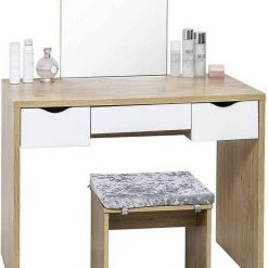 EUGAD Schminktisch, mit Hocker einem große Spiegel und 3 großen Schubladen Weiß-Eiche Eiche-Wei&szlig;, Wei&szlig;, Wei&szlig;-Eiche -TischStuhl Verkäufe bfda2a16 659c 528b ad86 2d2d17e861ba