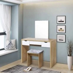 EUGAD Schminktisch, mit Hocker einem große Spiegel und 3 großen Schubladen Weiß-Eiche Eiche-Wei&szlig;, Wei&szlig;, Wei&szlig;-Eiche -TischStuhl Verkäufe c64cdfd8 ea08 523c a676 fe5c6c77e336