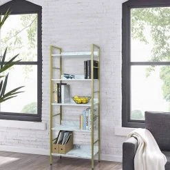 EUGAD Bücherregal, 1-tlg., Standregal, Küchenregal, 5 offenen Regalebenen, MDF, Metall, Schwarz Marmor Golden-Wei&szlig;er Marmor, Vintage -TischStuhl Verkäufe d0ac09f9 6740 4adc 9401 ba8217306c7c