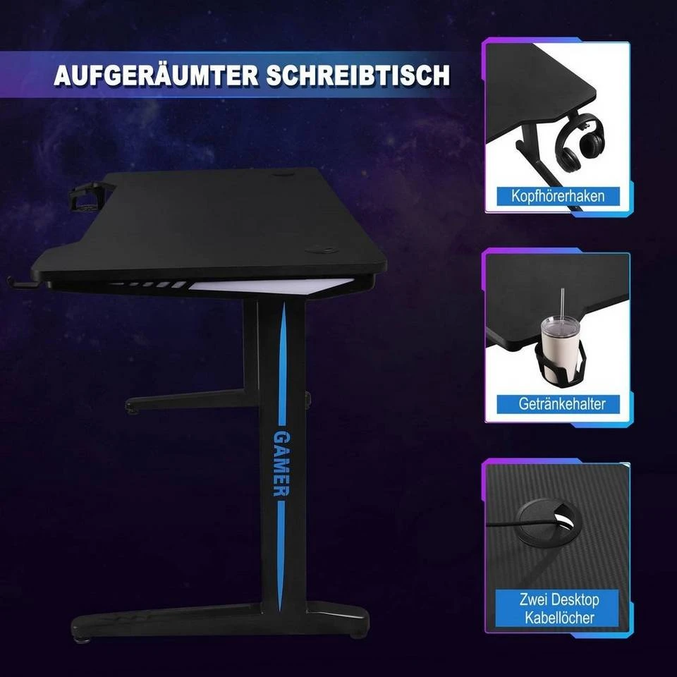EUGAD Gamingtisch, Gaming Tisch mit LED 120x60cm Ergonomischer Schwarz Computertisch Schreibtisch PC Tisch mit Kabelmanagement Becherhalter Kopfhörerhalterung 8 EUGAD Gamingtisch, Gaming Tisch mit LED 120x60cm Ergonomischer Schwarz Computertisch Schreibtisch PC Tisch mit Kabelmanagement Becherhalter Kopfhörerhalterung – Bild 8