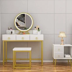 EUGAD Schminktisch (1-St), Schminktisch mit LED-Beleuchtung in 3 Farben, Kosmetiktisch mit Spiegel und Hocker, 5 Schubladen, 100x40x140cm, Modern Kosmetiktisch Weiß Schwarz, Wei&szlig; -TischStuhl Verkäufe dda6cd57 06fb 45cc bc1c 593a49248c23