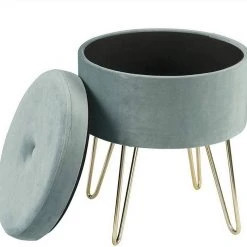 EUGAD Sitzhocker, Samthocker mit Stauraum, rund, mit stabilen goldenen Metallfüßen, Türkis Dunkelgrau, Dunkelgrün, Hellgrau, Rosa, Türkis