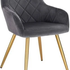 EUGAD Esszimmerstuhl (1 Stück), Wohnzimmerstuhl aus Samt Polsterstuhl mit Armlehnen und Rückenlehne, Gestell aus Metall mit goldenen Beine Dunkelgrau Schwarz