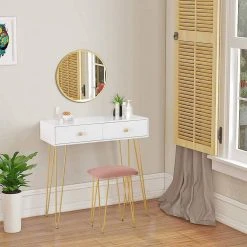 EUGAD Schminktisch (1-St), Frisiertisch Kosmetiktisch mit rundem Spiegel und 2 Schubladen für Schlafzimmer aus MDF und Massivholz, Goldenfußgestell, Weiß+Golden -TischStuhl Verkäufe f594367c c800 57f5 a7ab 6b6ae12d02eb