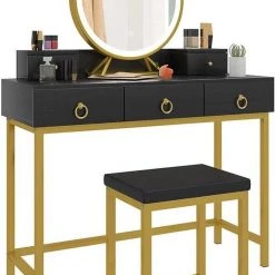 EUGAD Schminktisch (1-St), Schminktisch mit LED-Beleuchtung in 3 Farben, Kosmetiktisch mit Spiegel und Hocker, 5 Schubladen, 100x40x140cm, Modern Kosmetiktisch Weiß Schwarz, Wei&szlig; -TischStuhl Verkäufe fef7946c 8025 4333 b370 71c6e6044b00